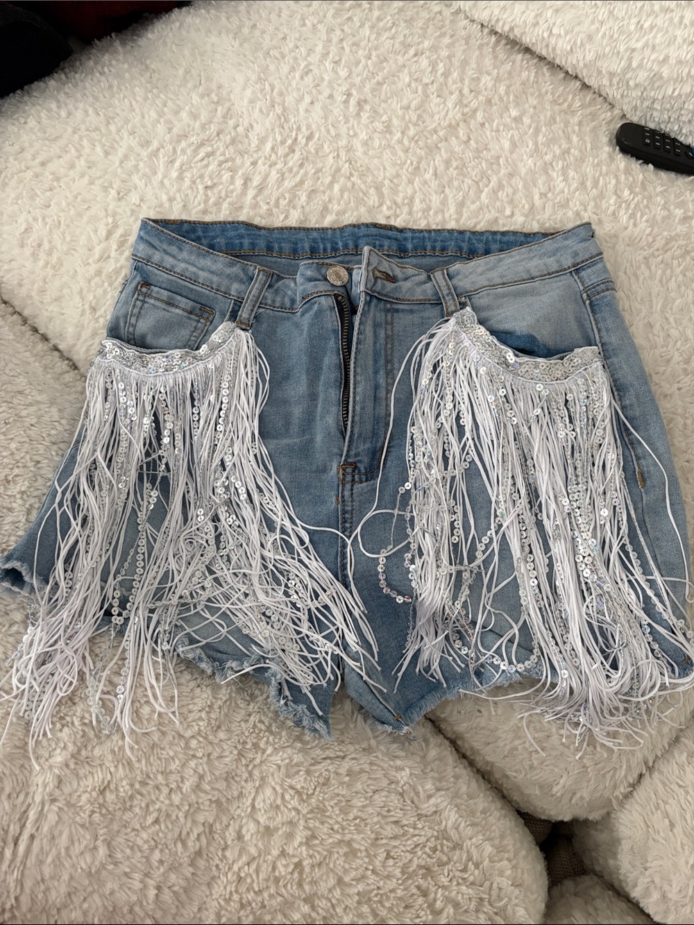 SHEIN Light Blue Denim Shorts with White Fringe and Sequins